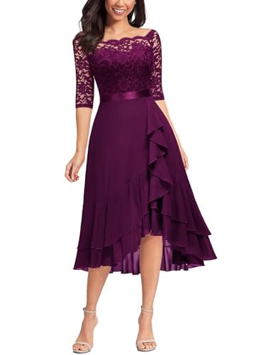 Image of MIUSOL Women's Elegant Lace Chiffon 2/3 Sleeve Off-Shoulder Cocktail Ball Bridesmaid Patry Swing Midi Dress (Medium, Double Hem-Maroon)