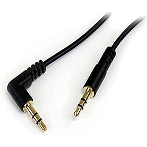 Image of StarTech.com 3 ft. (0.9 m) 3.5mm Audio Cable - 3.5mm Slim Audio Cable - Right Angle - Male/Male - Aux Cable (MU3MMSRA),Black