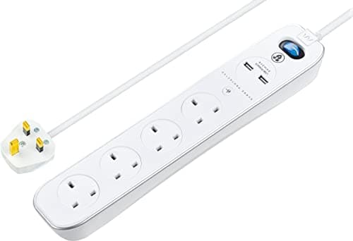 Image of Masterplug Four Socket Switched Inline Power Surge Protected Extension Lead with Two USB Charging Ports, 2 Metres, Gloss White