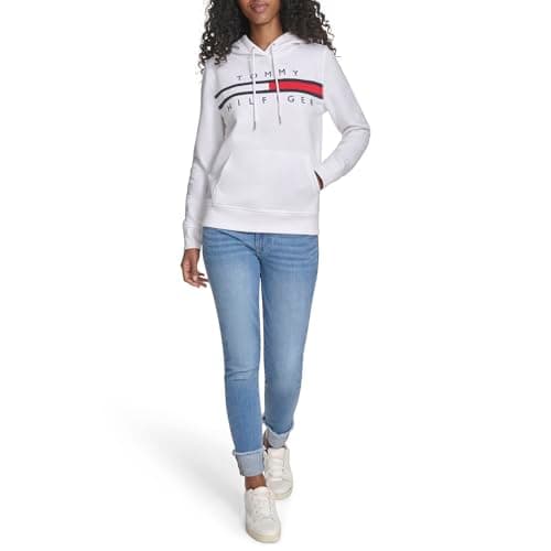 Image of Tommy Hilfiger Women's Fleece Soft Pullover Hoodie Sweater, Bright White, Medium