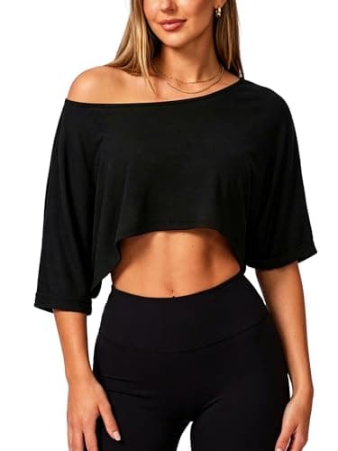 Image of Navneet Women Off The Shoulder Tops Batwing Pilates Yoga Tops Baggy Oversized T Shirts Sexy Going Out Crop Top Black S