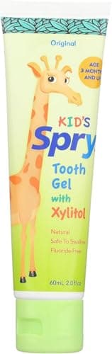 Image of Spry Natural Xylitol Toothpaste for Baby, Toddler and Kids Age 3 Months and Up - Fluoride Free Tooth Gel, Tasty, Support Development of Emerging Teeth, Original 2 Fl Oz (Pack of 1)