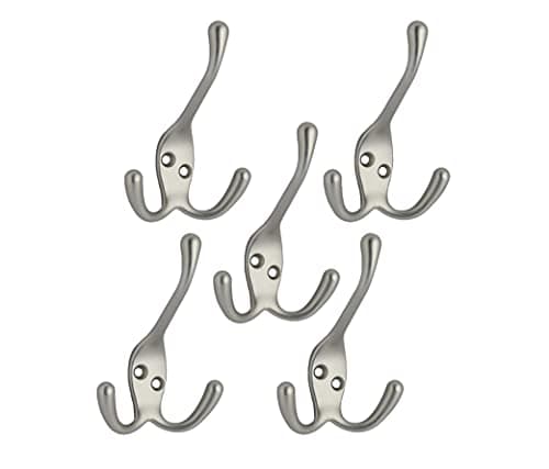 Image of QCAA Premium Quality Coat Hat Hook with Three Prongs, 4", Zinc Die Cast, Satin Nickel, 5 Pack, Made in Taiwan