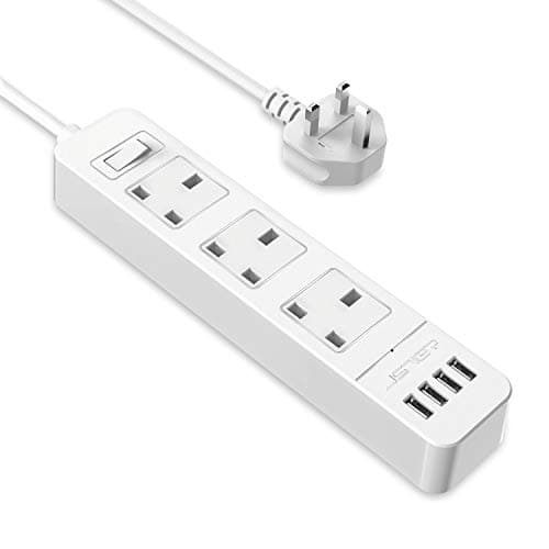 Image of JSVER Extension Lead USB, Power Socket with 3 Outlet 4 USB Charging Station Power Strip USB with 2m Power Lead-White