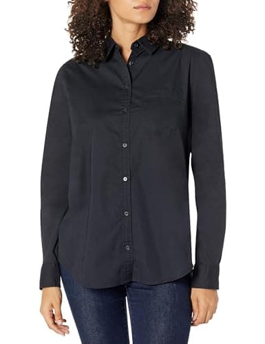 Image of Amazon Essentials Women's Regular-Fit Long-Sleeve Button-Down Poplin Shirt, Black, L