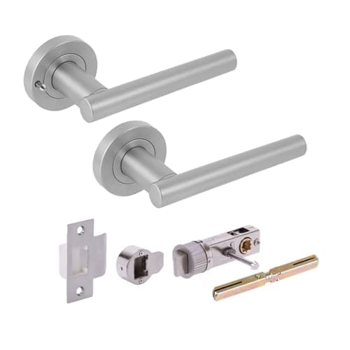 Image of Hunta HANDLEZONE® Solus Privacy Lever On Round Rose Door Handles, with Bullet Privacy Latch, for Bathroom, Toilet, WC Doors, 1 Set - Satin Chrome