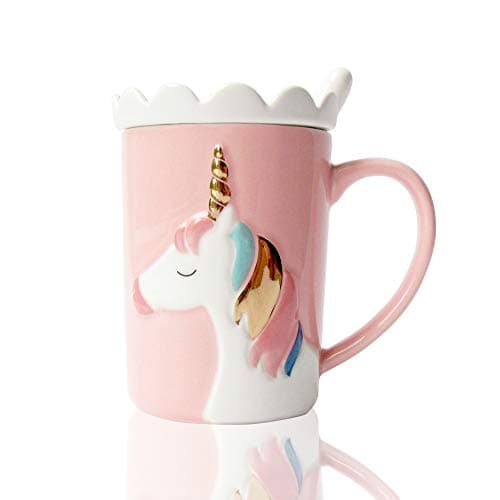 Image of BigNoseDeer Cute Mugs Ceramic Unicorn Mug Funny Coffee Mug Unique Milk Tea Cups with Lace Lid and Spoon for Kids, Women,Girls (Pink)