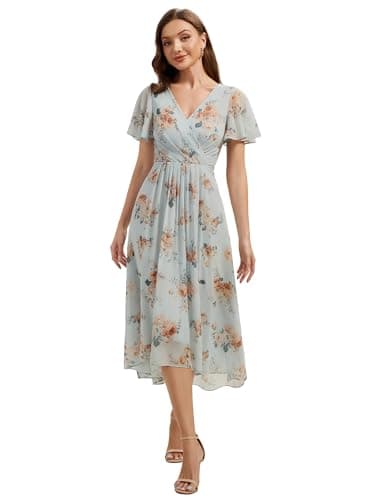 Image of Ever-Pretty Women's Wedding Guest Dress Chiffon Midi Polka Dot V-Neck High-Low Hem Floral Casual Dresses Amber Bloom 20
