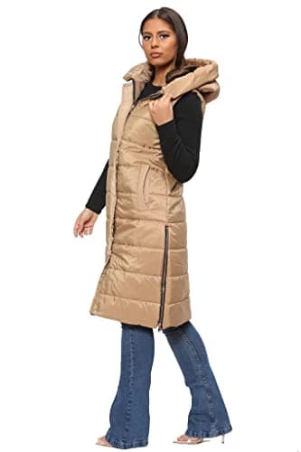 Image of Parsa Fashions WOMENS LADIES LONG LINE HOODED PUFFER GILET JACKET COAT PADDED VEST TOP BODY WARMER Sizes Small to 3XL (as8, alpha, one_size, regular, regular, Beige, 2XL)