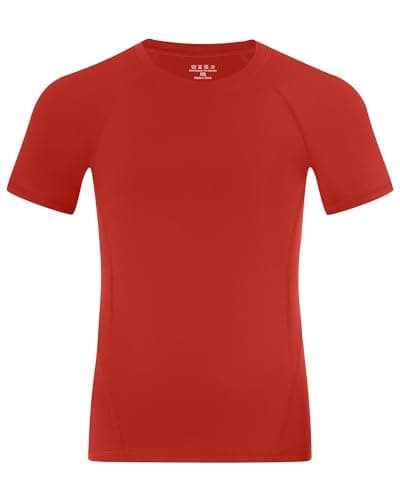Image of Runhit Boys Compression Shirt Short Sleeve, Breathable Kids Sports Base Layer Top, Quick Dry Athletic Performance T-Shirt for Football Cycling Hiking, Red 9-10 Years