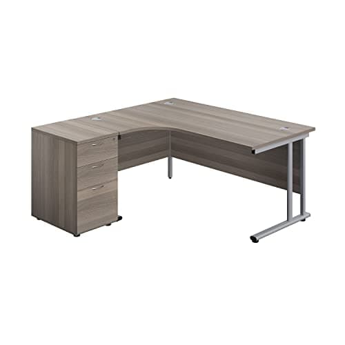 Image of Office Hippo Heavy Duty Left Corner Radial Desk With 3 Drawer High Storage, Home Office PC Filing, 5 Yr Wty, MFC- Grey Oak, Silver Frame