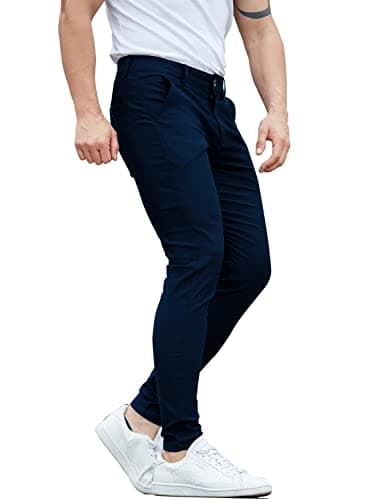 Image of KCANAAPPAREL Mens Chinos Trousers Slim Fit Stretch Flat-Front Tapered Skinny Dress Navy Blue Pants for Golf (32W x 30L)