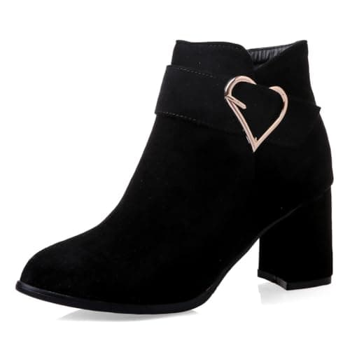 Image of Dernolsea Ladies Ankle Boots - Faux Suede Chunky Block Heeled Ankle Boots for Women | Zip Closure & Buckle Decor Buckle Black Size 3.5
