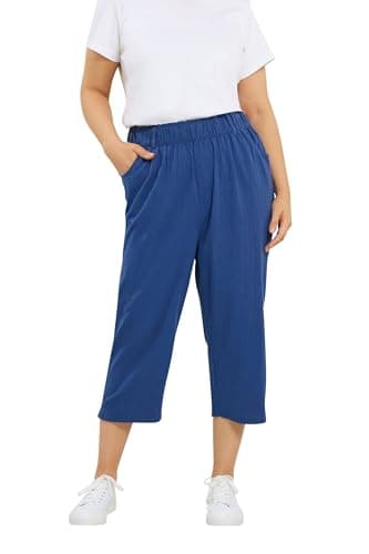 Image of Yours Curve Blue Cool Cotton Cropped Trousers - Women's - Plus Size Curve