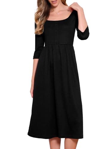 Image of Allegra K Square Neck Dress for Women 3/4 Sleeves Waffle Knit Casual Midi Dress Black L