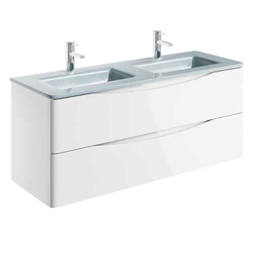 Image of Go Bathrooms Eaton 1200mm Wall Hung White Vanity Unit Includes Double White Glass Basin Gloss Finish Bathroom Furniture Storage Sink Unit