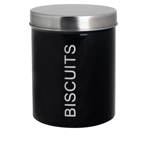 Image of Harbour Housewares Metal Biscuit Tin - Black - Round Retro Biscuit Barrel Canister Cookie Jar Kitchen Caddy Food Storage Box Container with Airtight Lid for Kitchen Organisation & Home Décor