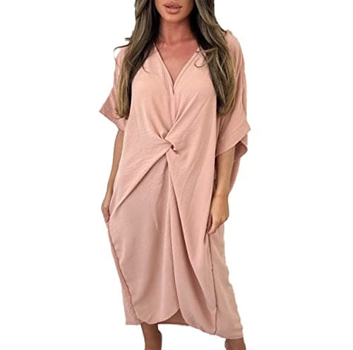 Image of Women’s Ladies V-Neck Knot Twist Short Sleeve Baggy Oversized Loose Fits Smock Midi Casual Longline Summer Dresses for Women Pink 12-24
