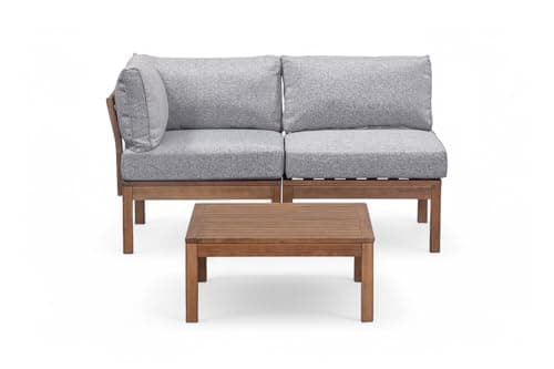 Image of Cali Wooden Garden Lounge Set - 2 Seats - Eucalyptus Wood - Compact Outdoor Furniture with Corner Seat, Middle Seat, Ottoman/Coffee Table - Grey Polyspun Cushions - FSC Certified
