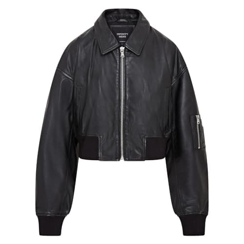 Image of Womens Oversized Black MA-1 Leather Bomber Varsity Jacket