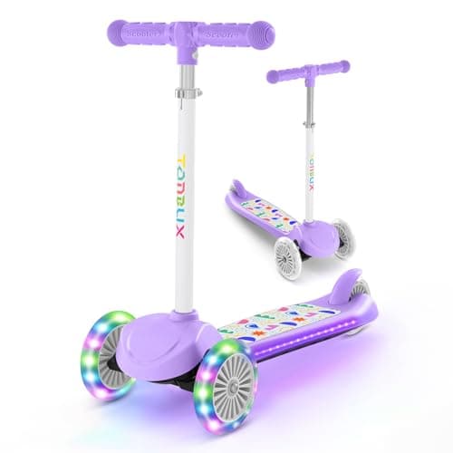 Image of TONBUX 3 Wheel Tri Scooter, Easy Folding System, Height Adjustable Handlebars, Tilt To Turn Steering, Kids Aged 3+ Years (Purple)
