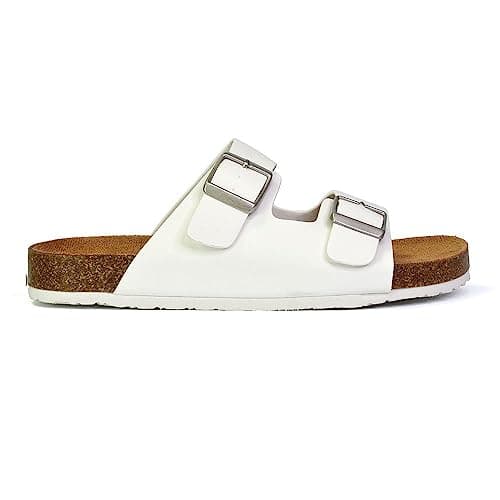 Image of ESSEX GLAM Womens Double Buckle Strap Flat Slider Ladies Casual Holiday Flip Flop Strappy Ice White Sandals Size 6