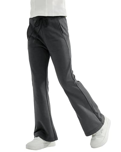 Image of Rolanko Girls Jersey Pull Up Trousers, Bootcut Elasticated Waist Sweatpants Plain Flared Joggers Pants, Dark Grey, Size: 13-15 Years/170