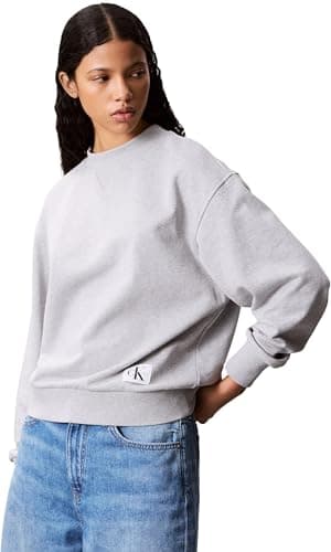 Image of Calvin Klein Women’s Round Neck Badge Logo Terry Sweatshirt, Grey (Heroic Grey Heather), XL
