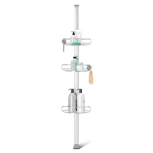 Image of simplehuman Medium Tension Shower Caddy, Telescopic Corner Bathroom Shelf Storage Organiser, Extends 1.5m to 2.4m, Easy to Install, No Drilling, Rustproof, Adjustable Shelves, BT1109DC
