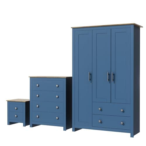 Image of Nera 3 Piece Bedroom Furniture Set 3 Door Wardrobe with Drawer Set Chest of Drawers and Bedside Cabinet Bedroom Storage (Navy on Oak)