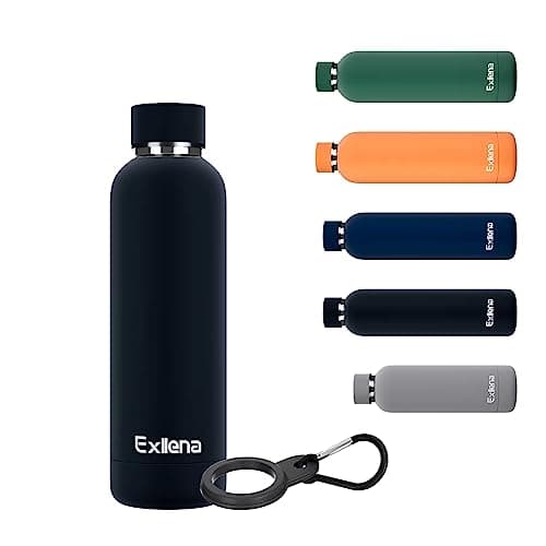 Image of Exllena Insulated Black Water Bottles 500ml with Clip, Double Wall Vacuum Drinks Bottle Keeps Drinks Cold 24 Hrs/Hot 12 Hrs, Stainless Steel Water Bottle BPA Free