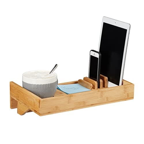 Image of Relaxdays Bedside Shelf & Organizer, Mini Clip-on Nightstand, Bamboo, Beverage Holder D. 9 cm, Organization Tray, Natural