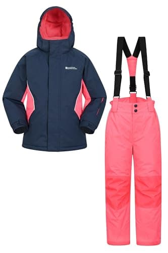 Image of Mountain Warehouse Kids Ski Jacket & Trousers Set - Snowproof Ski Outfit, Front Pockets, Fleece Lined Skiwear, Integrated Snowskirt - Best for Winter Snowboarding Dark Blue (01) Kids Size 7-8 Years