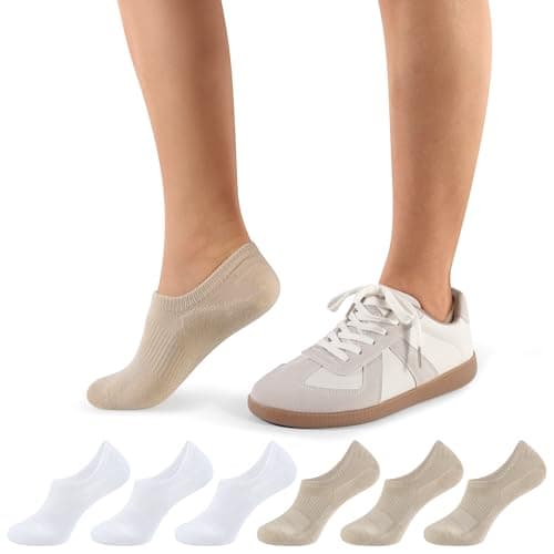 Image of CLOSEMATE No Show Trainer Ankle Socks for Women Cushioned Low Cut Non Slip with Silicone Grips for Running 6 Pairs(3White3Nude, Size S)