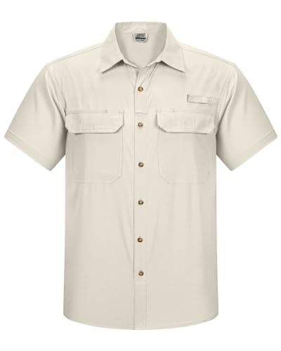 Image of Outdoor Ventures Men's Quick Dry Casual Shirts UPF 50 Button Down Hiking Shirts Lightweight Short Sleeve Cooling Shirt for Safari Fishing Golf Travel Light Khaki XXL