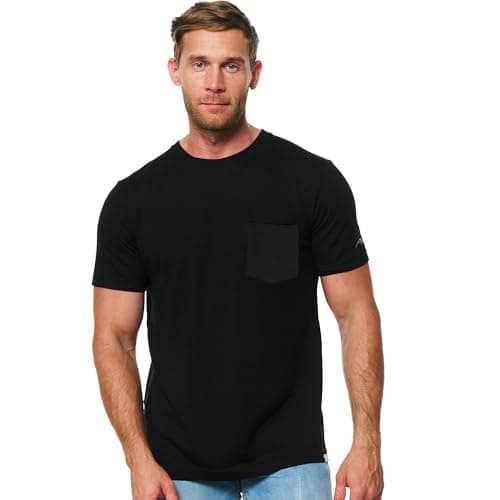 Image of Merino tech. 100% Merino Short Sleeve Shirts Men, Henley T-Shirt Mens, Shirt with Pocket - Soft & Breathable (Medium, Black Pocket Shirt)