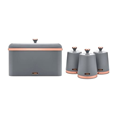 Image of Tower Cavaletto Bread Bin, Removable Lid and Set of 3 Storage Canisters for Coffee/Sugar/Tea, Steel, Grey and Rose Gold