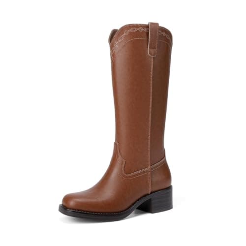 Image of DREAM PAIRS Women's Modern Knee High Boots with Vintage Western Stitching Comfortable and Versatile Tall Boots,Size 5.5,Light Brown,SDKB26015W