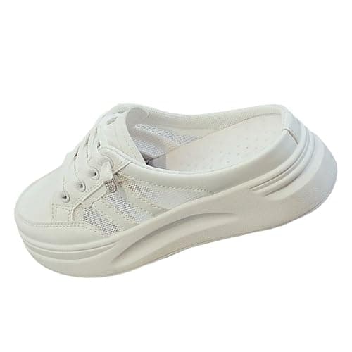 Image of Slippers Shoes for Women,Chunky Platform Mules Sneakers Wedge Slide Slip on Backless Tennis Shoes Hand-Free Comfortable Breathable Cutout Casual Clogs Footwear UK Size 6 White