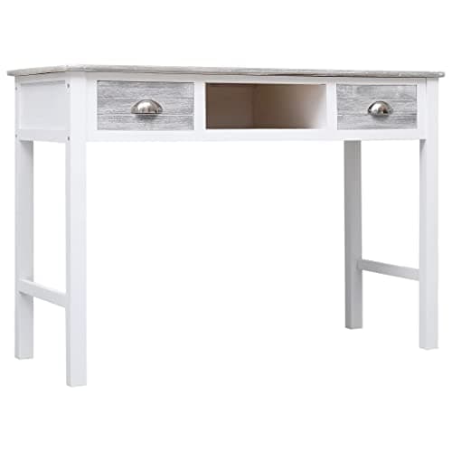 Image of RCODSSK Classic Wooden Desk 110x45x76 cm Grey, Vintage Writing Desk with 2 Drawers and Open Compartment, Sturdy Paulownia and Poplar Wood Computer Table for Home Office