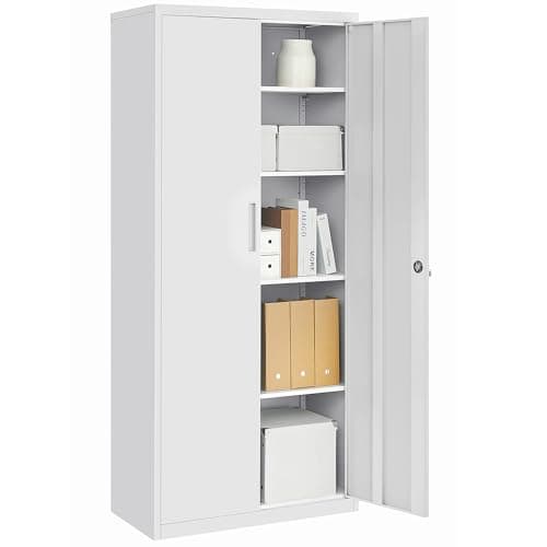 Image of SONGMICS Storage Cabinet, Multi-Purpose 5-Tier Steel Cupboard, with Adjustable Shelves, Double Doors, Lock, Tool Chest, for Garage, Study, Grey OMC015G01