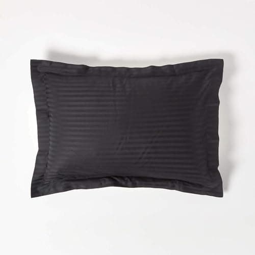 Image of HOMESCAPES Black Pure Egyptian Cotton Oxford Pillowcase Standard Size 330 TC 500 Thread Count Percale Equivalent Satin Stripe Pillow Case Pack of 2