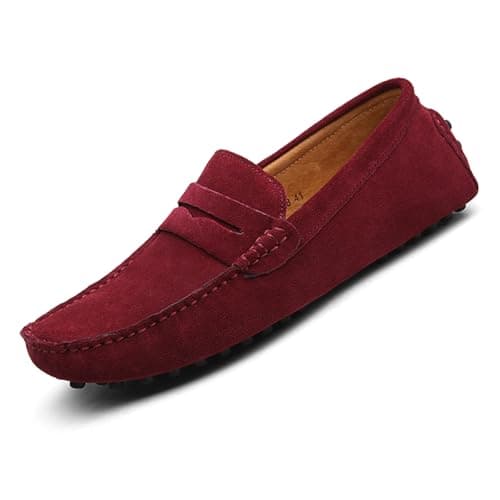 Image of PPXID Men's Penny Loafers Slip-On Suede Moccasins Deck Boat Shoes Wine Red 9.5 UK