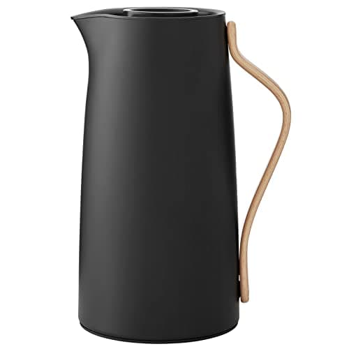 Image of Stelton Emma Vacuum Jug Coffee 1.2L - Modern Scandinavian Design, Black Lacquered Steel with Beech Wood Handle, Insulating for Hot Coffee, Easy-Click Lid