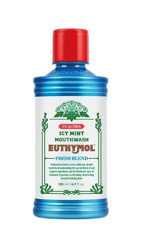 Image of Euthymol Mouthwash ICY Mint 500ml, Contains Flouride, Alcohol-Free, Distinctive Strong Taste Flavour, Reduce Plaque Gingival Clean Healty Teeth Gums, Freshens Breath Refreshing Daily Oral Dental Care