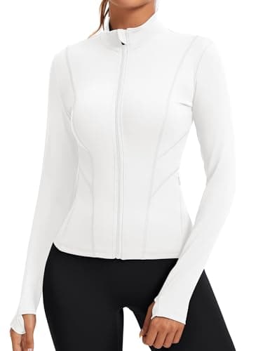 Image of Rapbin Women's Running Jacket Long Sleeve Gym Sports Gym Tops Zip Workout Yoga Running T-Shirt Fitness Zip Activewear with Thumb Holes(White,S)