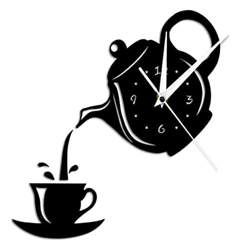 Image of Modern Acrylic Mirror Wall Clock - Teapot & Cup Design Tea Kettle Shape, Kitchen Hanging Clock, White