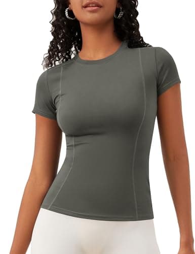 Image of IECCP Work Out Tops Gym for Women Slim Fit Short Sleeve Round Neck Plain Cotton T-Shirt Compression Tight Shirts Gym Athletic Yoga Running Summer Basic Tee Gray M