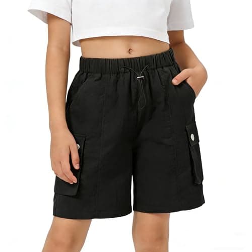 Image of Rolanko Girls Shorts Sports Active Summer Cargo Shorts Teen Kids Running Gym Parachute Short Pants, Black, Size: 11-12 Years/160