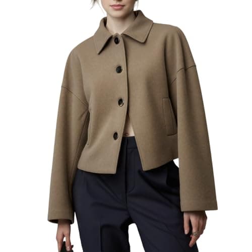 Image of Women’s Cropped Wool Jacket, Button Front Collar Boxy Coatlet with Pockets, Drop Shoulder Long Sleeve Work & Weekend, khaki (Khaki,M)